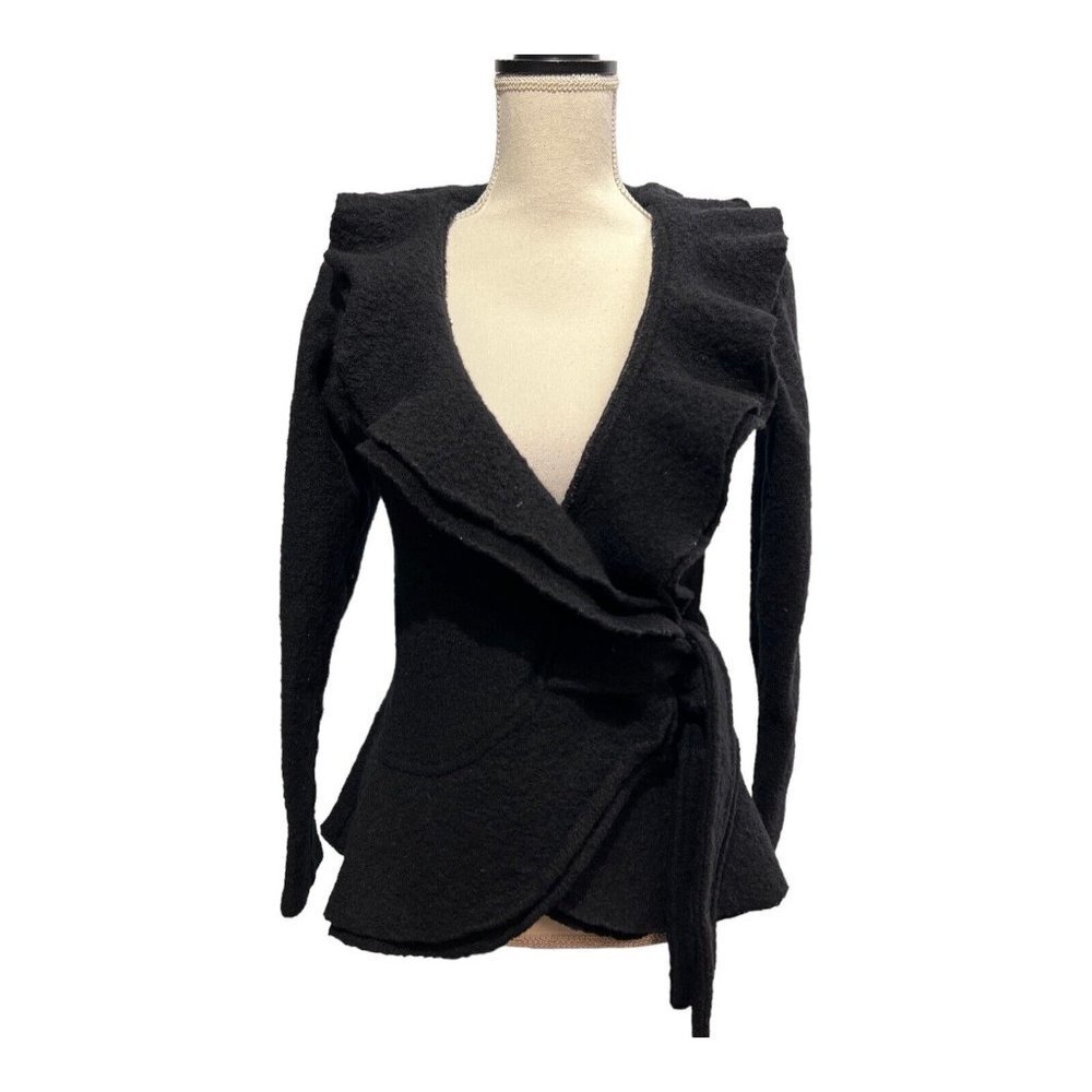 Fenn Wright Manson Womens M Wool Ruffle Cardigan Sweater Coat Belted Black Short